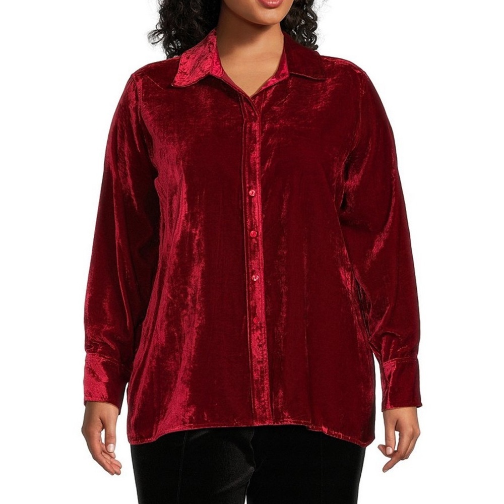 John Mark Crushed red velvet tunic top long sleeve size medium collared blouse